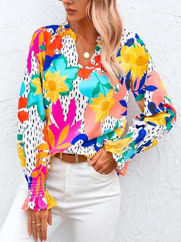 MASCOMODA Womens V Neck Floral Long Sleeve Tops 2025 Summer Casual Loose Puff Sleeve Chiffon Boho Work Blouse Dressy T Shirts(Multicolored Flower,X-Large) - Image 5