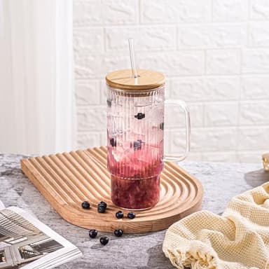 32oz Ribbed Glass Cup with Handle Bamboo Lid and Straw, Glass Tumbler, Iced Coffee Cups Hot/Cold Drinks - Image 6