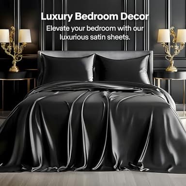 BEDELITE Satin Sheets Full Size Bed Set, Luxury Soft Black Silky Sheets for Hair and Skin, Similar to Silk Bed Sheets Set 4 Pieces with 1 Deep Pocket Fitted Sheet, 1 Flat Sheet, and 2 Pillowcases - Image 2