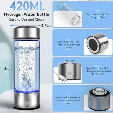 2025 New Hydrogen Water Bottle, 2200PPB in 3Min, SPE PEM Tech, Portable 16OZ, Rechargeable Hydrogen Water Bottle for Travel, Home, Office – Gift for Family & Friends (Silver) - Image 3