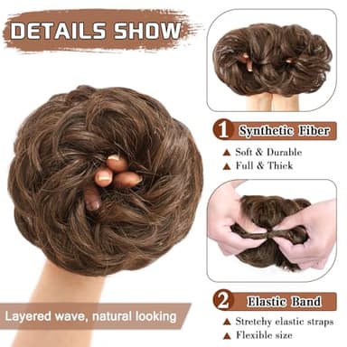 MORICA 1PCS Messy Hair Bun Hair Scrunchies Extension Curly Wavy Messy Bun Synthetic Chignon Hairpieces for Women(2/30#(Darkest Brown & Light Auburn Mixed)) - Image 3