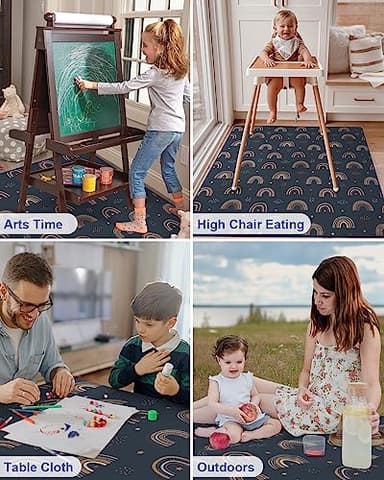 Blissful Diary Baby Splat Mat for Under High Chair, 50.4 x 50.4 Inch Wipeable Splash Mat, Waterproof and Washable, Anti-Slip Floor Protector, Retro Rainbow - Image 7