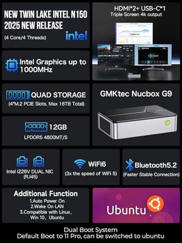 GMKtec Mini PC NAS, G9 N150 Dual Boot Linux Desktop Computer 12GB DDR5 64GB EMMC + 1TB M.2 SSD, 4*M.2 NVMe Slots, Dual NIC 2.5GbE, USB-C/USB 3.2 10Gbps, Network Attached Storage - Image 2