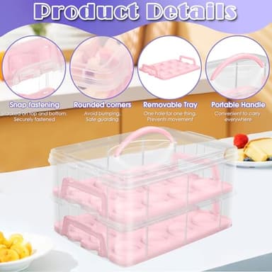 Jellydog Toy Cake Carrier with Lid, Two Tier Handle Cupcake Carrier, Stackable Cupcake Holder Container for 24 Cupcakes, Cake Carrier with Trays, Dessert Container for Cake Pie Muffin Cobbler, Pink - Image 4
