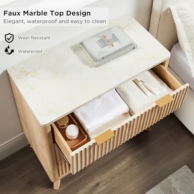 T4TREAM 32" Tall Fluted Nightstand Set of 2, Modern Side Table with Faux Marble Top, 3 Drawers End Table w/Storage, Bedside Table for Bedroom, Living Room, Curved Profile Design, Natural Oak - Image 4