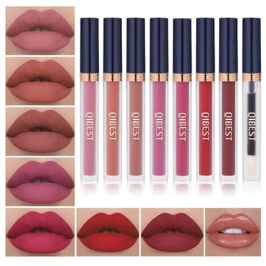 QiBest 7Pcs Matte Liquid Lipstick + 1Pcs Lip Plumper Makeup Set Kit, Pigmented Long Lasting Lip Gloss Set, Velvet Waterproof Halloween Lip Makeup Valentine's Gift Sets for Girls and Women - Image 1