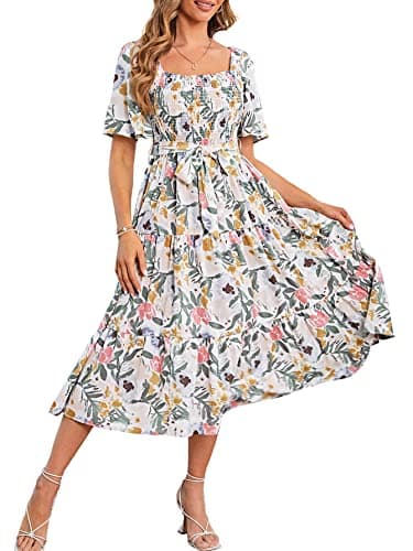 Amegoya Women's Boho Summer Floral Midi Dress Flowy Tiered Flutter Sleeve Square Neck Smocked Maternity Dress (Flower M) - Image 8