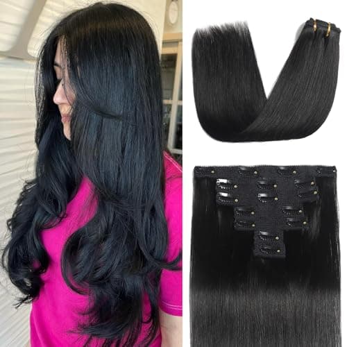 Mocona Clip in Hair Extensions Real Human Hair, Natural Black – 24 Inch 7pcs 70g/Pack, Soft Hair Extensions Real Human Hair Clip ins Straight Suitable for all Hair Types (#1B 24 Inch) - Image 1