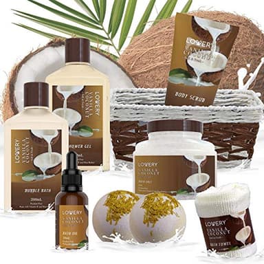 Gifts For Women Gift Basket for Women– 9 Piece Set of Vanilla Coconut Home Spa Set, Includes Fragrant Lotions, Extra Large Bath Bombs, Coconut Oil, Luxurious Bath Towel & More - Image 5