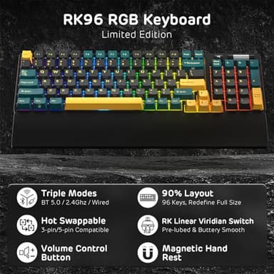 RK ROYAL KLUDGE RK96 RGB Limited Ed, 90% 96 Keys Wireless 3-Mode BT5.0/2.4G/USB-C Hot Swappable Mechanical Keyboard w/Wrist Rest, Volume Control, Software, Massive Battery, RK Viridian Switch - Image 2