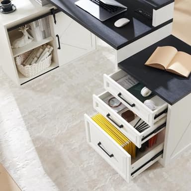 JXQTLINGMU Home Office Desk, Modern Farmhouse Computer Desk with File Cabinet Letter T4 F4 Legal, Study Writing Desk, 67 Inch, Off White - Image 5