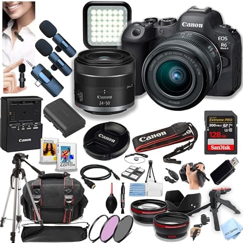 Canon EOS R6 Mark II Mirrorless Camera with 24-50mm Lens + 128GB Extreme Memory, Wireless Lavalier Microphones, Lenses, Filters, Case, Tripod,Software, and More (Content Creator Bundle) (Renewed) - Image 1