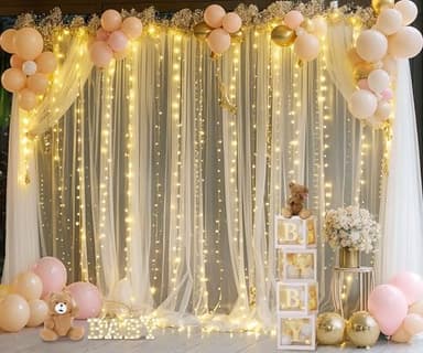 Champagne Tulle Backdrop Curtain with Lights String for Parites Wedding 10x8ft Champagne Sheer Backdrop Curtains for Bridal Shower Baby Shower Birthday Party Photo Booth Background Decorations - Image 4