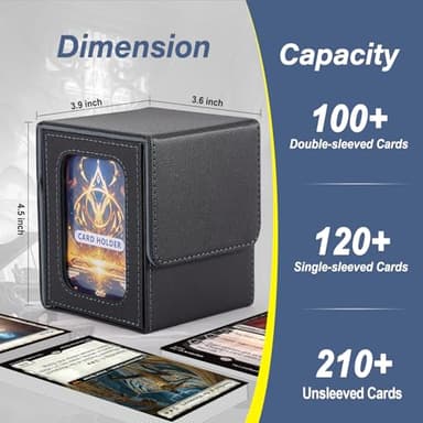 MTG Deck Box, Double Display Window MTG, Commander Deck Box Fits 120+ Single Sleeved Cards, PU Leather Magnetic Closure Card Box with 2 Dividers&2 Toploaders for TCG, CCG, Black/Grey - Image 3