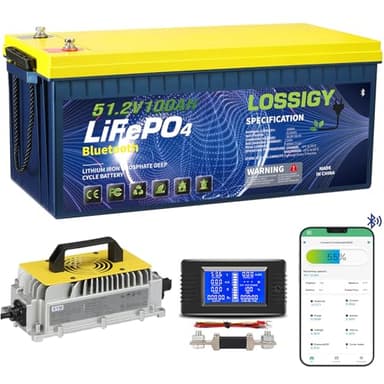 LOSSIGY 48V Lithium Golf Cart Battery with 18A Lithium Charger, 48 Volt 100Ah LiFePO4 Battery, Built in 200A Bluetooth BMS & LCD 10.24kW Output, Peak Current 1000A(3-5s), Prefect for RV Solar System - Image 1