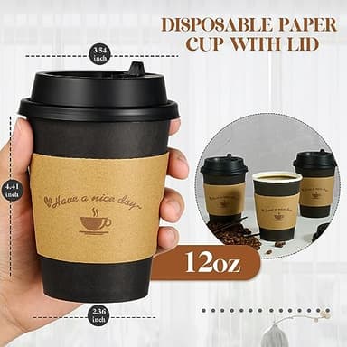 LITOPAK 100 Pack 12 oz Paper Coffee Cups for Hot Chocolate Drinks, Black Disposable Coffee Cups with Lids, Sleeves and Stirring Sticks for Parties, Picnic, Travel, and Events - Image 2