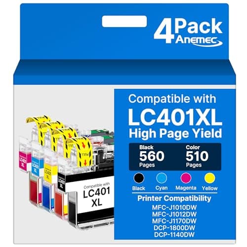 LC401XL Ink Cartridges for Brother Printer High Yield Replacement for Brother LC401 XL Ink Cartridges Work with MFC-J1010DW MFC-J1012DW MFC-J1170DW Printer (4 Pack,Black Cyan Magenta Yellow) - Image 1