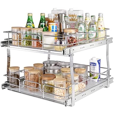 VEVOR 2 Tier 18.7"Wx21"Dx3.2"H Pull Out Cabinet Organizer, Heavy Duty Slide Out Pantry Shelves, Steel Roll Out Drawers, Sliding Drawer Storage for Home, 21.5"Wx22.5"Dx19"H Install Size for Cabinet - Image 1