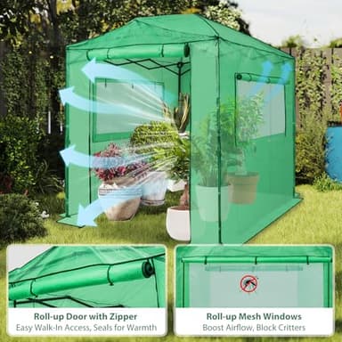 EAGLE PEAK Instant Pop-up Greenhouse, Indoor Outdoor Plant Gardening Green House, Roll-Up Zipper Doors and Side Windows, Walk in 8x6 ft, PE Cover, Green/Clear - Image 6