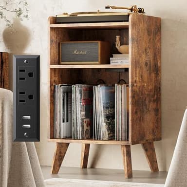 Record Player Stand, Turntable Stand with Record Storage and Charging Station & USB Ports, Record Player Table with Metal Divider, Record Stand Up to 160 Albums for Living Room, Bedroom Brown - Image 1