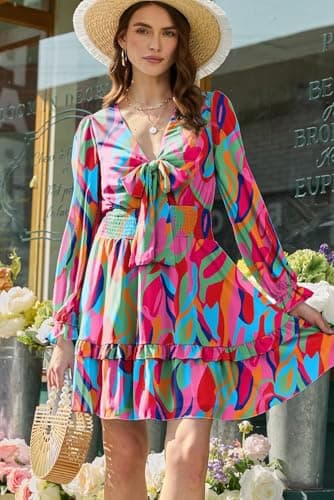 Dokotoo Fall Dresses for Women 2025 Sexy V Neck Ruffle Elegant Long Sleeve High Waist Chiffon Patterned Boho Swing A Line Mini Short Dress for Women Fall Wedding Guest Dresses Multicolor Small - Image 3