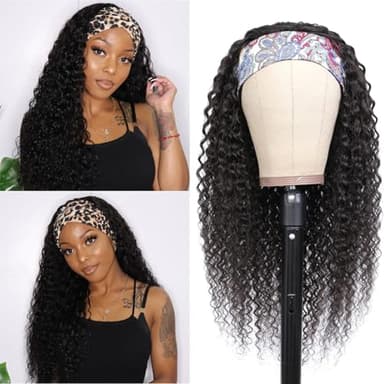 WENYAN Headband Wig Human Hair Deep Wave 20 Inch Wigs for Black Women Glueless None Lace Front Curly Wave Wig Brazilian Virgin Hair Wear and Go Wigs Machine Made 150% Density Natural Color - Image 2