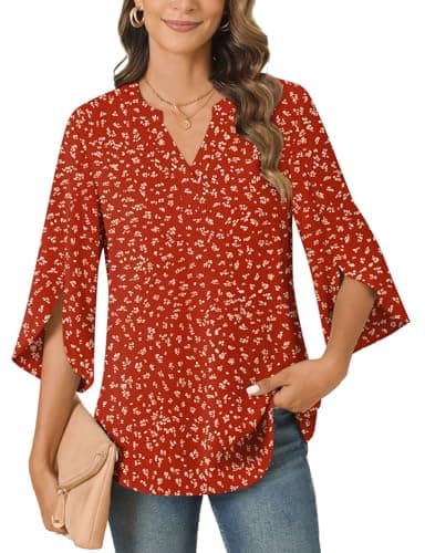 Anyally Women's Chiffon Blouses 3/4 Sleeve Summer Dressy Tunic Tops Casual Loose V Neck Plus Size T-Shirts, 3XL, Polka Dots Red - Image 3