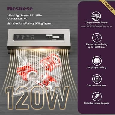 Mesliese Vacuum Sealer Machine Powerful 90Kpa Precision 6-in-1 Compact Food Preservation System with Cutter, 2 Bag Rolls & 5 Pre-cut Bags, Widened 12mm Sealing Strip, Dry&Moist Modes (Silver) - Image 3