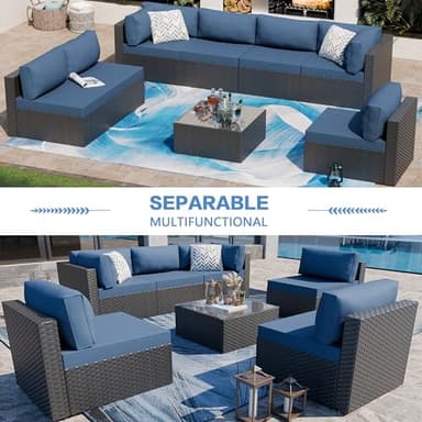 Shintenchi 7 Pieces Outdoor Patio Sectional Sofa Couch, Black Wicker Furniture Conversation Sets with Washable Cushions & Glass Coffee Table for Garden, Poolside, Backyard (Aegean Blue) - Image 2