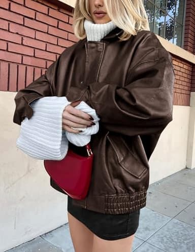 PRETTYGARDEN Women's Faux Leather Motorcycle Jacket Trendy Fall Spring Clothes Oversized Zip Up Winter Coat Outerwear (Dark Coffee,Medium) - Image 5