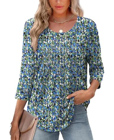 XIEERDUO Womens Tops Dressy Casual Summer 3/4 Length Sleeve Tops Women Blouses Early Fall Fashion Clothing Outfits 2025 Beach Vacation Fall Clothes Deal F-Blue Floral XL - Image 1