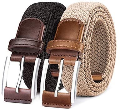 BULLIANT Belt for Men 2Pack,Mens Gift Stretch Braided Web Belt Elastic for Casual Golf Jeans,1 3/8"(Black/Beige,30"-34" Waist Adjustable) - Image 1