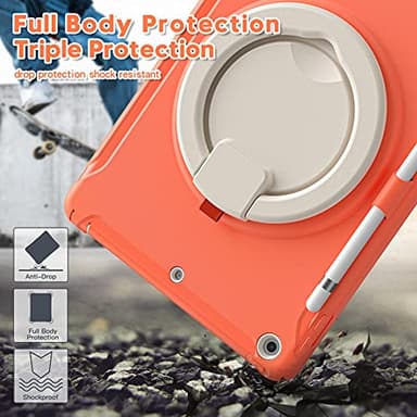 BATYUE for iPad 9th/ 8th/ 7th Generation Case (iPad 10.2 Case 2021/2020/2019) with Screen Protector,Rugged Case with Rotating Stand/Pencil Holder/Pencil Cap Holder (Coral Orange) - Image 6