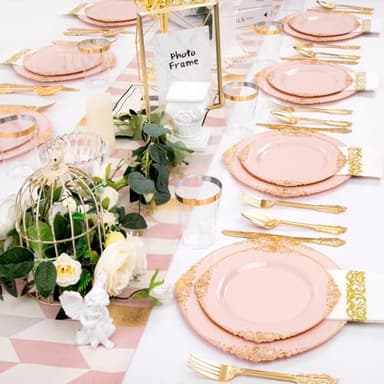 Nervure 350PCS Pink Plastic Plates - Pink Dinnerware Sets for 50 Guests - 100 Disposable Plates, 150 Gold Plastic Silverware, 50 Cups, 50 Napkins for Wedding & Party - Image 7