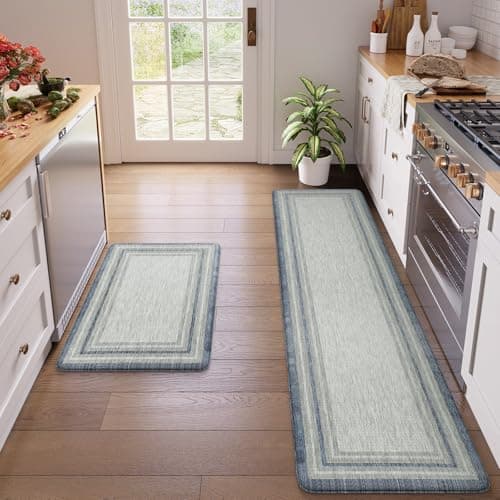 KIMODE Anti Fatigue Kitchen Mats for Floor, Blue Grey Farmhouse Kitchen Rugs Sets of 2, Padded Kitchen Floor Mats Non Slip, Cushioned Standing Mats for Front of Sink Laundry Desk 20"x71"+20"x32" - Image 1