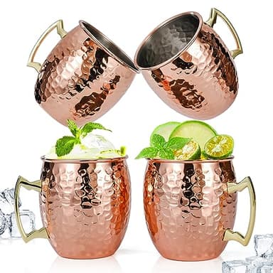 Amrules Moscow Mule Mugs Set of 4, 16 OZ Hammered Copper Cups with 304 Stainless Steel Lining and Gold Brass Handles, for Cold Drinks, Beer, Wine, Bars, Parties - Image 1