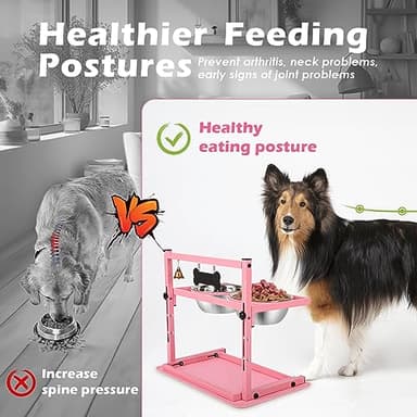 SHAINFUN Pink Elevated Dog Bowl Stand with Two 1700ml Stainless Steel Food Bowls, Slow Feeder and Spill Proof Mat, Adjustable Feeder for Large, Medium and Small Dogs - Image 4
