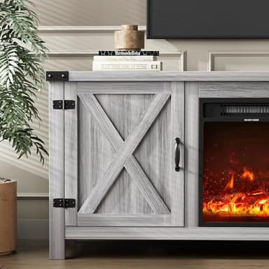 YESHOMY Fireplace TV Stand with Two Barn Doors and Storage Cabinets for Televisions up to 65+ Inch, Entertainment Center Console Table, Media Furniture for Living Room, 58 Inch, Gray Wash - Image 4