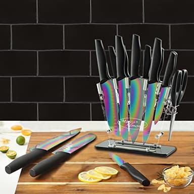 Marco Almond® Knife Block Set,14-Piece Rainbow Color Stainless Steel Knife Sets for Kitchen with block, KYA35 Chef Cooking Knives Set with Acrylic Stand - Image 7
