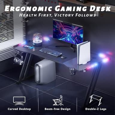 HLDIRECT 55 Inch Gaming Desk with LED Lights Carbon Fibre Surface Gaming Table Large Computer Desk Ergonomic Home Office Desks Z Shaped PC Gamer Workstations with Cup Holder & Headphone Hook Black - Image 4