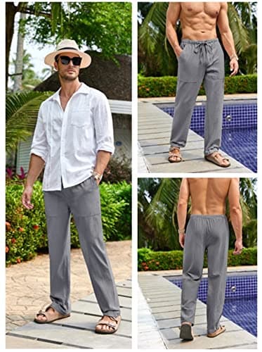 Gafeng Mens Linen Pants Yoga Beach Loose Fit Casual Summer Elastic Waist Drawstring Baggy Trousers with Pockets Gray - Image 5