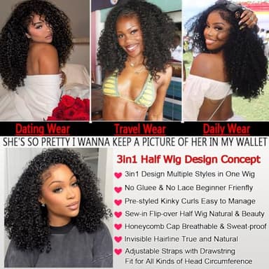 OWNROSE Half Wig Upgread 3 In 1 Kinky Curly Half Wig Human Hair 200 Density Glueless Wigs Human Hair Beginner Friendly Curly Wig Drawstring Seamless Flip Over Clip in Wigs for Women 16 Inch - Image 5