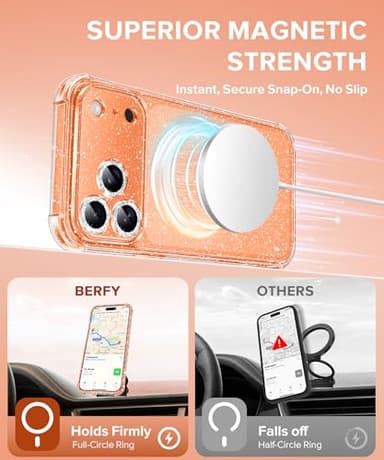 BERFY for iPhone 17 Pro Max Case for Women, Compatible with MagSafe, Clear Glitter Shockproof Protective Case, Anti-Yellowing, with Screen Protector & 3 Diamond Camera Lens Covers 6.9", Sparkle Clear - Image 3