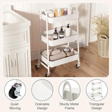 SMUG 3 Tier Rolling Cart - Metal Utility Carts on Lockable Caster Wheels, Mobile Storage Shelves Organizer for Livingroom, Bathroom, Kitchen, Bedroom & Narrow Places, White - Image 2