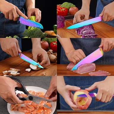 WELLSTAR Rainbow Knife Set 8 Pieces, Iridescent German Stainless Steel Kitchen Knives Set with Wooden Block, Colorful Titanium Coating, Chef’s Knife Block Set with Scissors and Built-in Sharpener - Image 5
