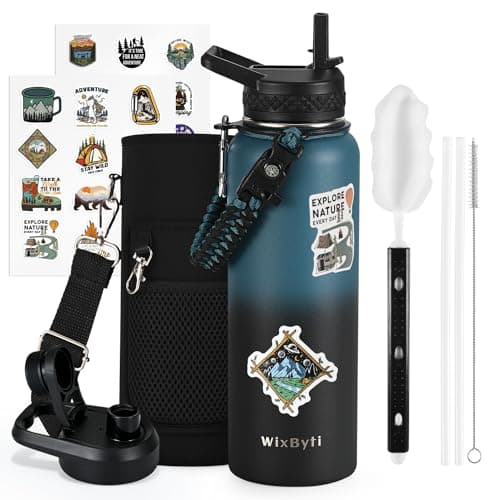 WixByti 40 oz Insulated Water Bottle with Straw (Cold for 48 Hrs), Stainless Steel Triple Wall Vacuum Sports Water Jug, Leakproof Hydro Cup Flask with Paracord Handle & Straw Spout Lids & DIY Stickers - Image 1