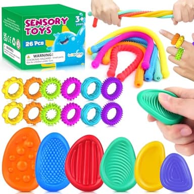 Fidget Sensory Toys for Kids: 26 Pack Quiet Squishy Fidgets for Classroom Students Prizes- Textured Soft Fidget Rings Stretchy Strings for Autism Calming Down - Office Desk Toddler Travel Treasure Box - Image 1