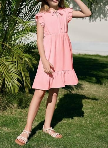 DOKOTOO KIDS Girls Summer Dress Flutter Ruffle Sleeve A-Line Dresses Casual Boho Vacation Sundress Pink 6-7 Years - Image 4