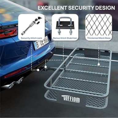 TUFFIOM 60"x24"x6" Folding Hitch Mount Cargo Carrier Basket, 500lbs Steel Car Cargo Trailer Hitch Luggage Rack, w/Hitch Lock+Password Lock+Net+Waterproof Cargo Bag+Straps+Stabilizer for SUV Truck Van - Image 5