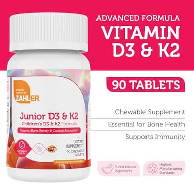 Zahler - Junior Vitamin D3 + K2 Chewable Tablets for Kids| Vitamin D for Kids 2000 IU | Delicious Vitamin D K2 Chews to Support Healthy Bones & Teeth - Kosher, Less Sugar Than Gummies (90 Count) - Image 2